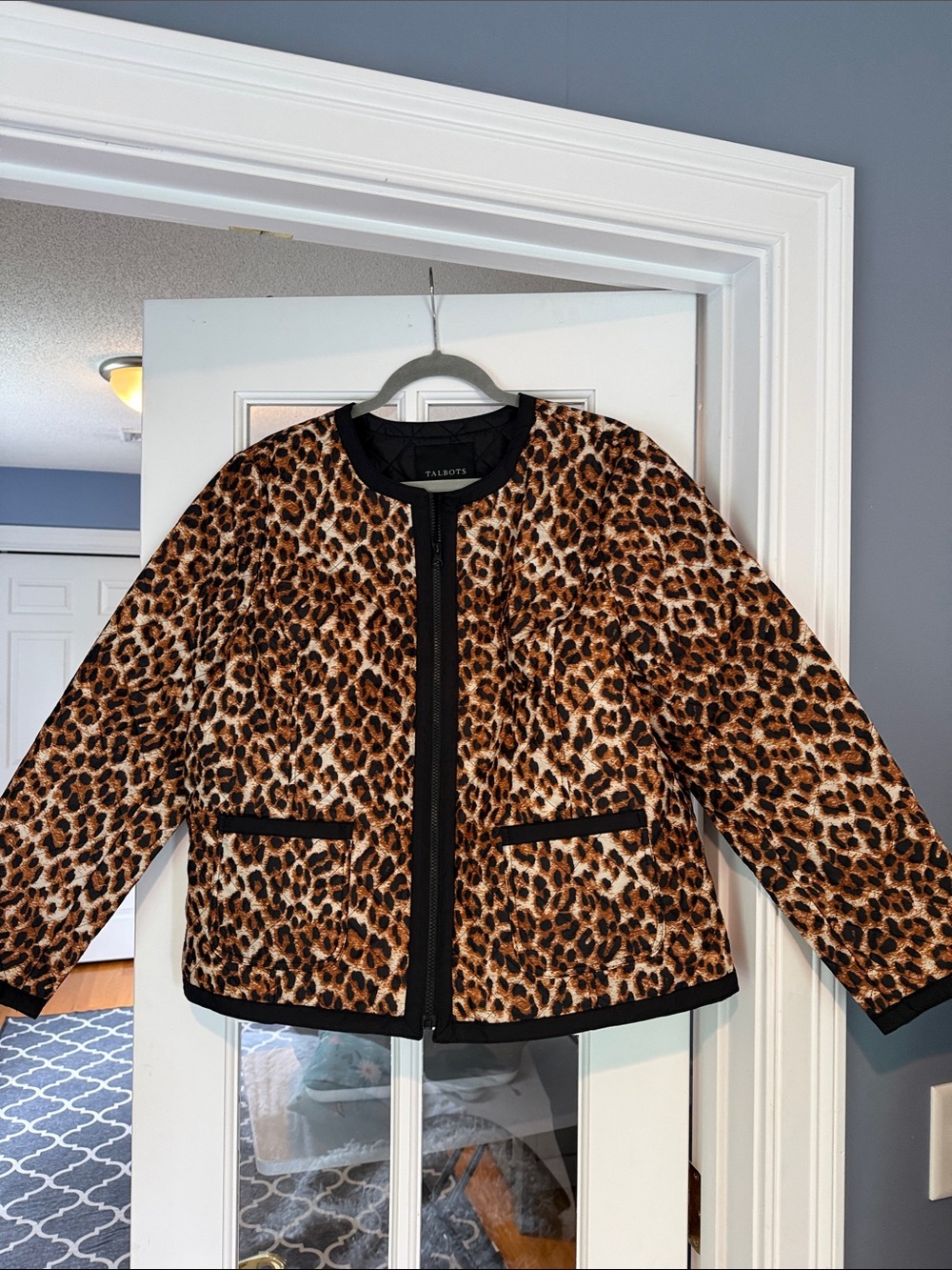 Talbots Leopard Print Collarless Jacket with Black Trim